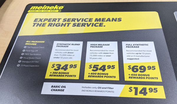 Meineke’s Oil Change Packages Prices List