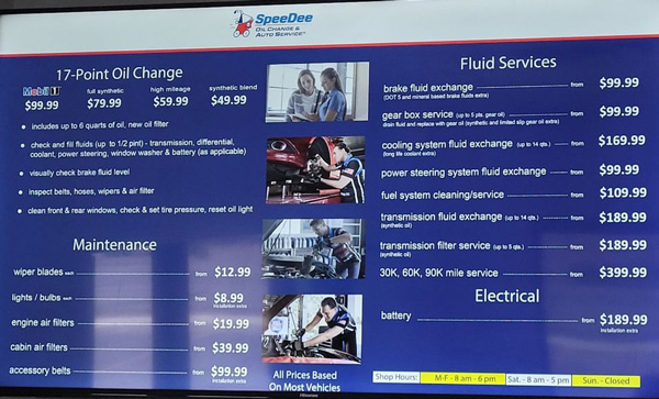 SpeeDee Oil Change Price List
