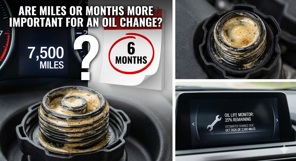 Are Miles or Months More Important for an Oil Change: A split photograph showing a car's odometer displaying '7,500 MILES' on the left, and a wall calendar flipped to '6 MONTHS' on the right, with a large question mark between them.