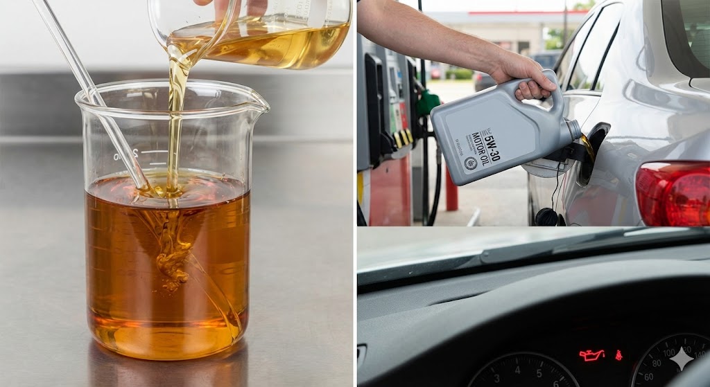 Can You Switch Back and Forth Between Synthetic and Regular Oil: A close-up science demonstration showing amber conventional oil mixing seamlessly with clear synthetic oil in a glass beaker.