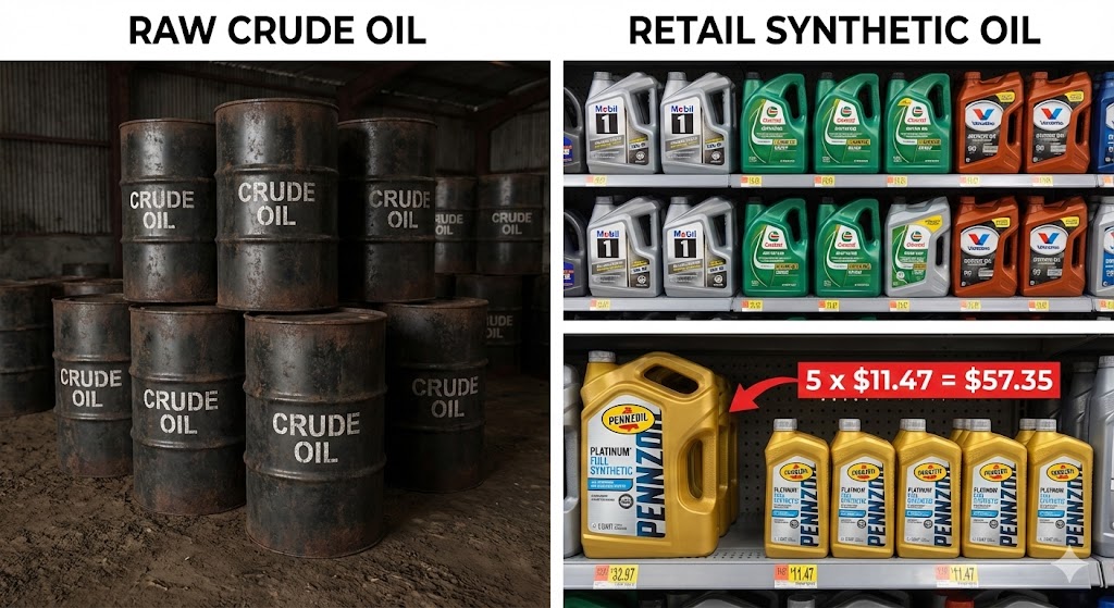 Is There a “Cheapest Month” to Buy Motor Oil: A split image showing a rustic barrel of crude oil on one side and a high-tech, brightly labeled bottle of modern full synthetic motor oil on the other.