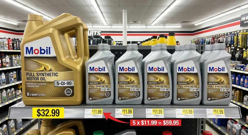 Is There a “Cheapest Month” to Buy Motor Oil: is there a “cheapest month” to buy motor A photograph showing a price comparison tag on a store shelf. A 5-quart jug of synthetic oil is priced at $32.99, next to five individual quart bottles of the same oil priced at $11.99 each.