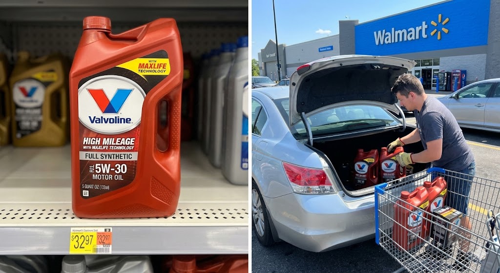 Does Walmart Sell Valvoline Synthetic Oil: A close-up photograph of a red 5-quart jug of Valvoline 'High Mileage with MaxLife Technology' full synthetic motor oil sitting on a Walmart store shelf, with a price tag visible below it.