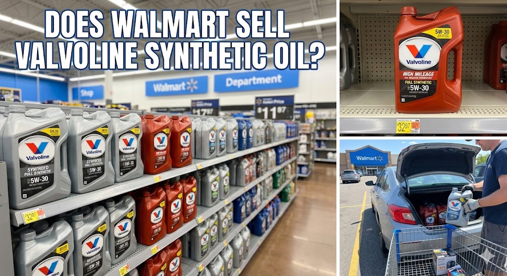 Does Walmart Sell Valvoline Synthetic Oil: A photograph taken inside a brightly lit Walmart automotive department aisle in 2026, showing shelves fully stocked with various silver and grey 5-quart jugs of Valvoline synthetic motor oil.
