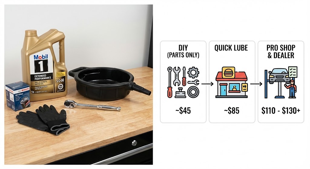 How Expensive Should a Full Synthetic Oil Change Actually Be in 2026：A photograph of a 5-quart jug of premium brand synthetic motor oil, a high-quality oil filter in its box, a drain pan, and a wrench sitting on a garage workbench.