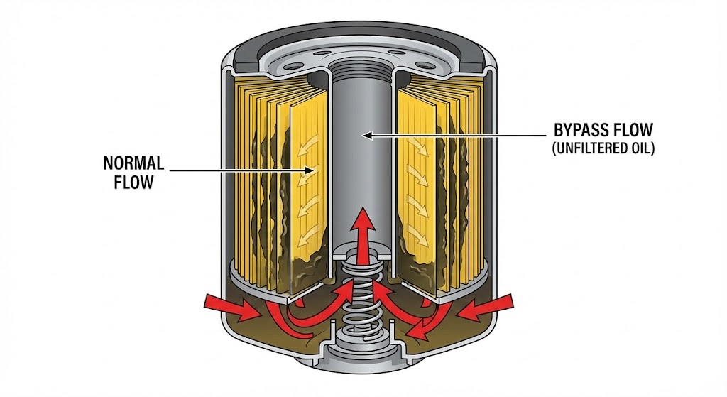How Often Should I Change My Oil Filter with Synthetic Oil: A technical diagram showing a cross-section of an engine oil filter, highlighting the filter media path versus the 'bypass valve' path when the media is clogged.