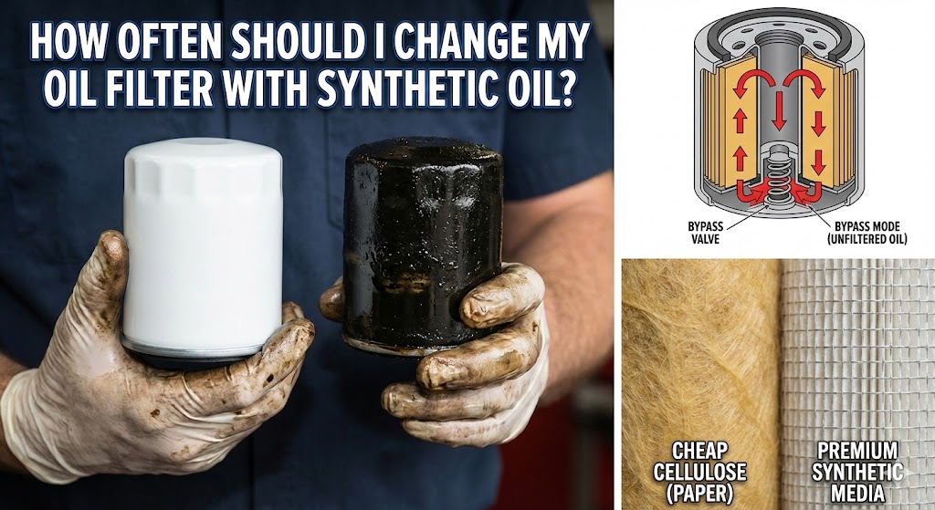 How Often Should I Change My Oil Filter with Synthetic Oil: A close-up photograph of a mechanic's hands, wearing blue nitrile gloves, holding a brand new, clean white oil filter next to a filthy, black, used oil filter removed from a car.