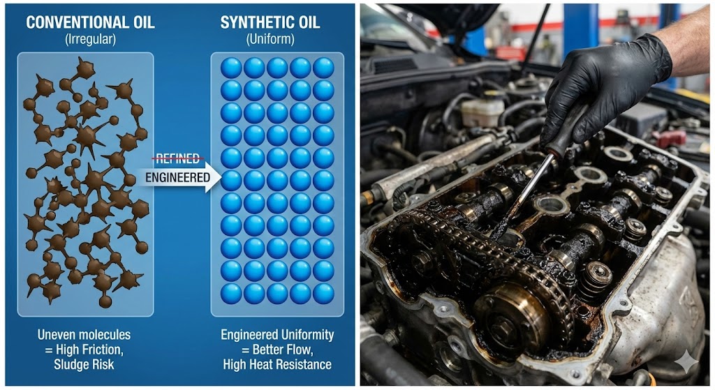 Is synthetic oil worth the extra cost: A diagram showing the inconsistent molecular structure of conventional oil versus the uniform structure of synthetic oil.
