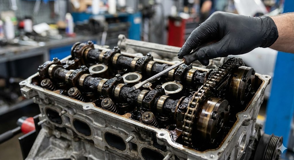 Is synthetic oil worth the extra cost: A photograph of a modern car engine with valve cover removed, showing heavy black sludge buildup from using poor quality oil.