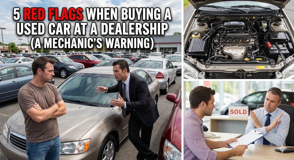 5 Red Flags When Buying a Used Car at a Dealership: A photograph of a skeptical car buyer with crossed arms looking at a used sedan on a dealership lot, with a salesperson talking aggressively in the background.
