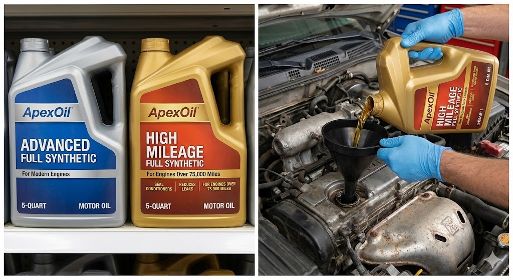 What Is the Best Oil to Use in a High Mileage Car: A side-by-side photograph of two bottles of the same brand of motor oil. The left bottle is standard 'Full Synthetic'. The right gold bottle is 'High Mileage Full Synthetic' highlighting 'Seal Conditioners' and '75k+ Miles'.