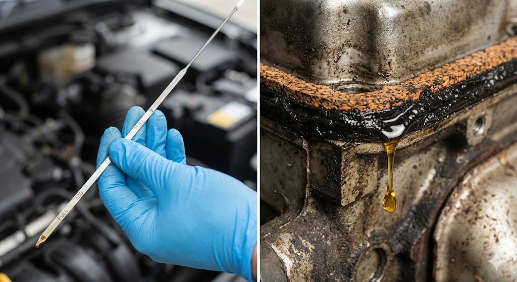 the Disadvantage of Synthetic Oil: A close-up photograph of a mechanic holding a completely dry oil dipstick pulled from a modern car engine.