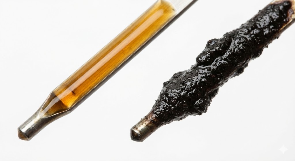 What Are Signs That Synthetic Oil Needs Changing: A macro photography comparison of two oil dipsticks. The left shows clean, translucent amber oil. The right shows thick, opaque, black gritty sludge.