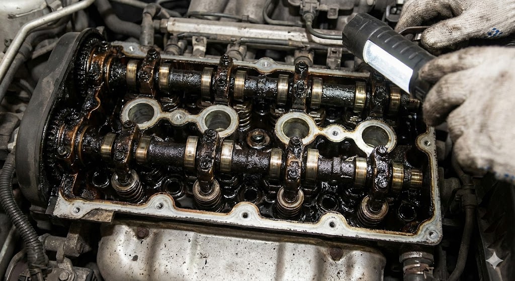 What Are the Signs of Bad Engine Oil: A photograph inside a car engine with the valve cover removed, revealing heavy black sludge deposits covering the camshafts and valve springs due to severely neglected oil changes.