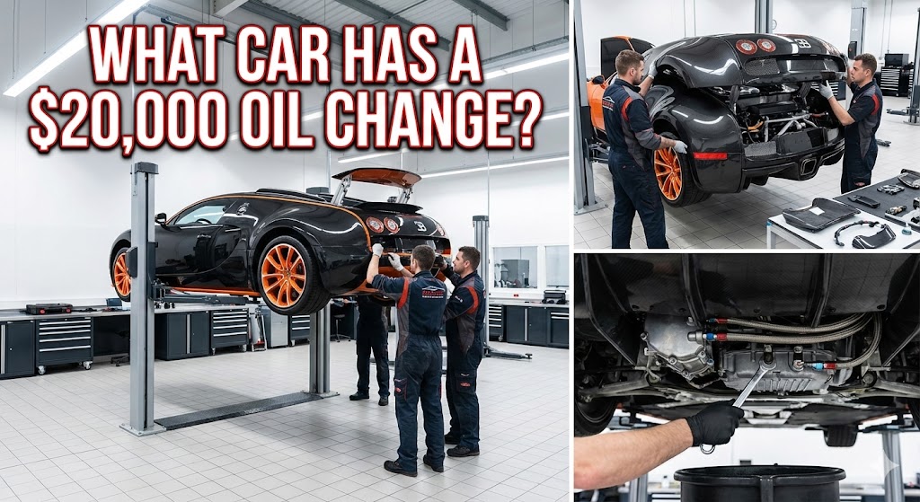 What Car Has a $20,000 Oil Change: A photograph of a sleek, multimillion-dollar hypercar raised high on a hydraulic lift in a pristine, surgical-like workshop environment.