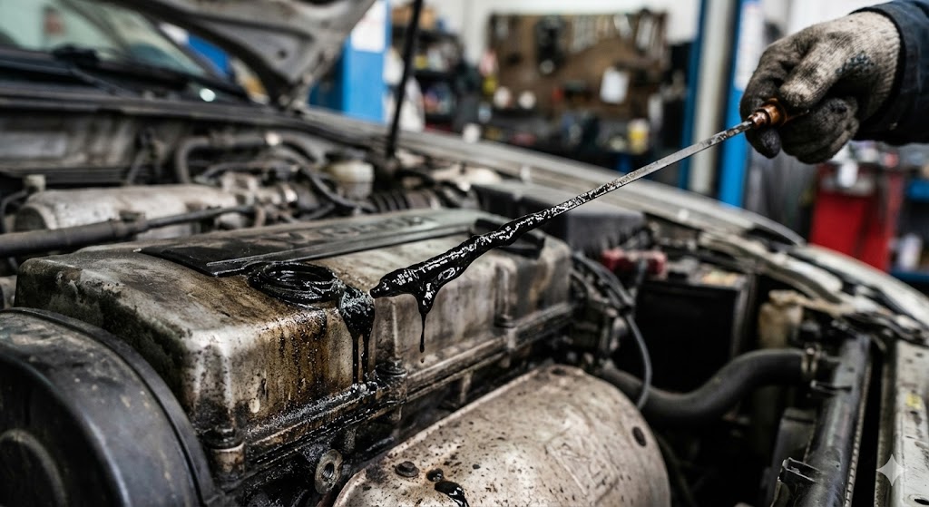 what cars should not use synthetic oil: A photo of a very dirty, high-mileage engine dipstick showing thick, black, tar-like oil.