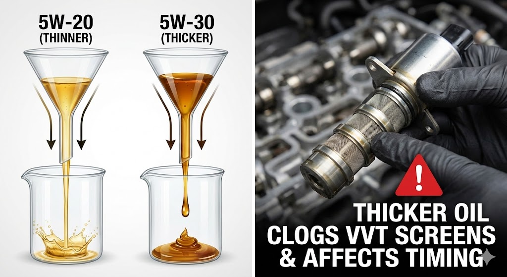 What Happens If I Put 5W-30 Instead of 5W-20: An illustration showing two tubes, one labeled 5W-20 with oil flowing quickly through a small hole, and another labeled 5W-30 with oil flowing slower through the same size hole.