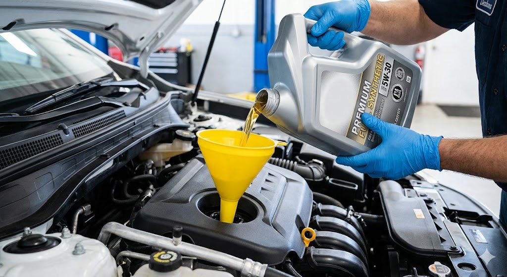 Which Is Better: "Synthetic" or "Full Synthetic": A photograph of a mechanic using a funnel to pour clear, golden-colored full synthetic motor oil into the engine bay of a modern sports car.