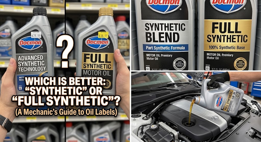 Which Is Better: "Synthetic" or "Full Synthetic": A photograph of a retail store shelf showing two adjacent motor oil bottles. The left bottle has a label that just says 'SYNTHETIC TECHNOLOGY', while the right bottle prominently says 'FULL SYNTHETIC'. A confused customer's hand hovers between them.