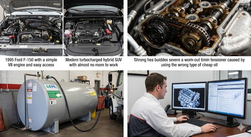 Why Are Oil Changes $100 Now: A mechanic under a lift struggling to remove a large plastic skid plate from under a car.