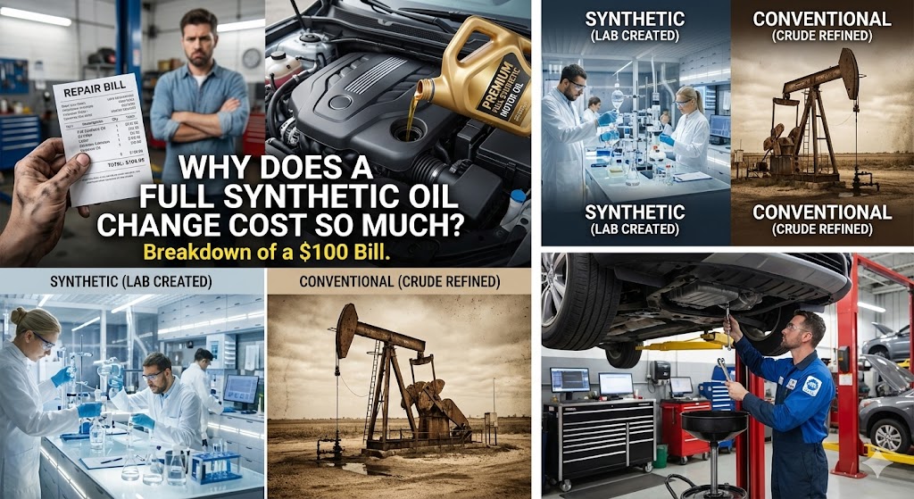 Why Does a Full Synthetic Oil Change Cost So Much: A split photograph. On the left, a mechanic's grease-stained hand holds a repair bill totaling $109.95. On the right, a pristine, complex modern car engine with a bottle of synthetic oil next to it.