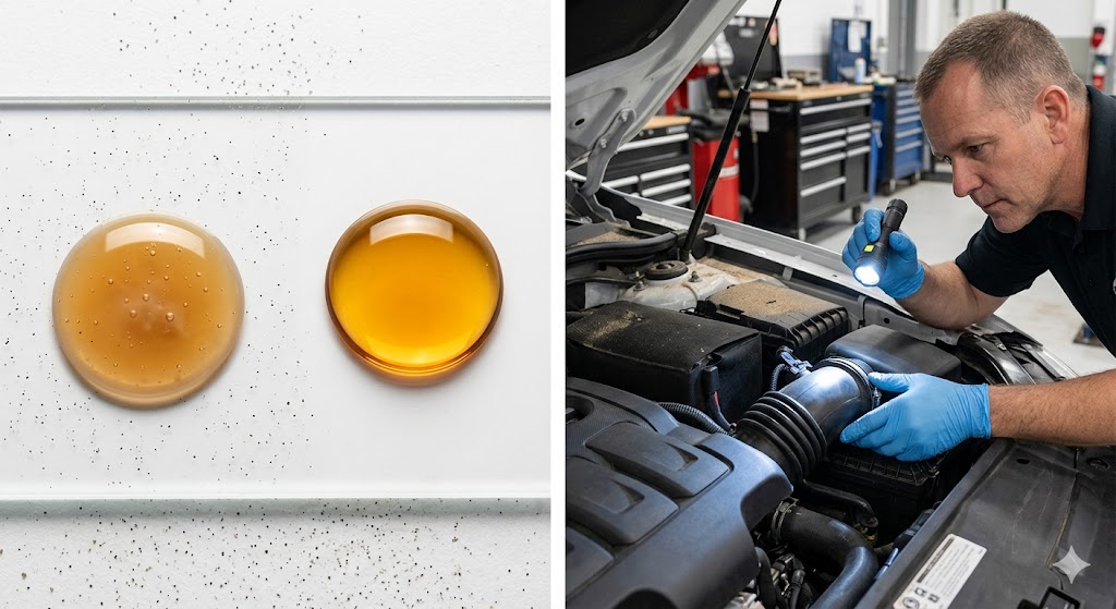 A macro photograph of two oil droplets on a clean white laboratory slide. The drop on the left is milky, opaque amber, and has microscopic bubbles, showing fuel and water contamination. The drop on the right is pristine, translucent, bright amber new synthetic oil. Both drops are against a background of micro-grit particles.