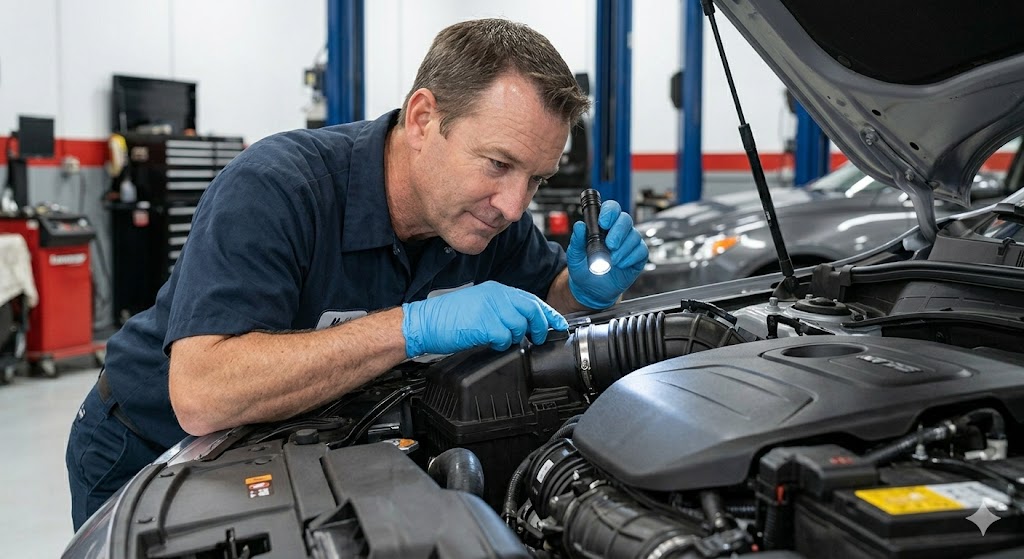 A photograph of Dave, 'The Wrench' Miller, wearing blue nitrile gloves, using a flashlight to closely inspect the black rubber air intake boot connecting the air filter box to the engine of a modern car, ensuring there are no hidden cracks or loose clamps.